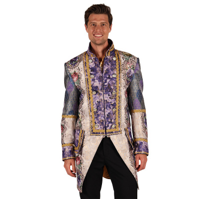 Casaco masculino floral decorativo em tons roxos com detalhes dourados