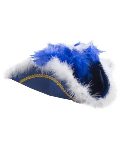 Chapéu tricórnio azul com penas brancas e azuis e detalhe dourado