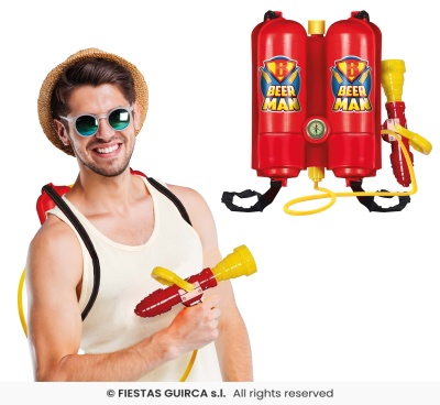 Homem com mochila e lança de água vermelha e amarela BEER MAN