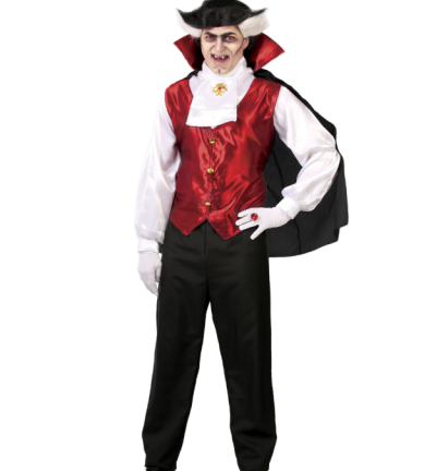 Fato de vampiro vermelho e preto com camisa branca, capa preta e acessórios.