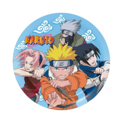 Imagem circular com personagens do anime Naruto em fundo azul com nuvens