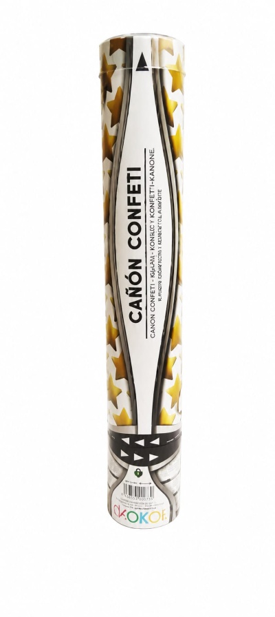 Tubo branco com estrelas douradas contendo confetti com etiqueta CAÑÓN CONFETI