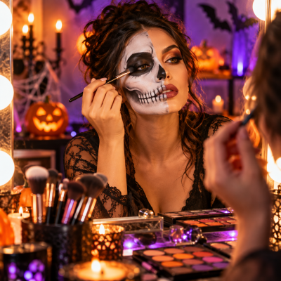 Mulher a fazer maquilhagem com pintura de esqueleto ao espelho em ambiente decorado para Halloween