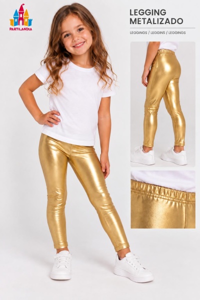 Legging metalizado dourado para menina com t-shirt branca e ténis brancos em fundo branco