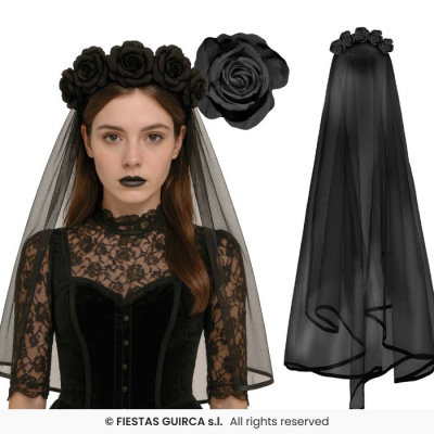 Coroa de flores pretas com véu preto translúcido