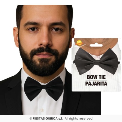 Gravata borboleta preta em tecido com embalagem e texto BOW TIE PAJARITA