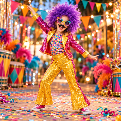 Criança com peruca roxa, óculos coloridos e roupa brilhante num ambiente festivo com confetes