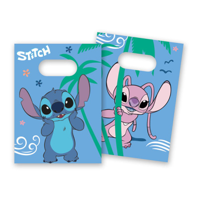 Embalagens de papel azuis com personagens Stitch e elementos tropicais