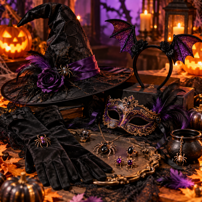Acessórios de Halloween pretos e roxos incluindo chapéu, máscara, tiara, luvas e joias com detalhes de aranhas e penas