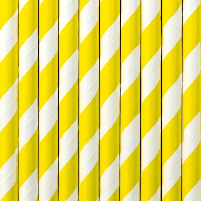 Palhinhas de papel amarelo e branco com padrão em espiral