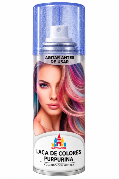 Spray prateado com tampa azul e glitter com imagem de mulher e texto em português