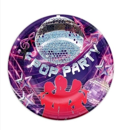Prato descartável redondo com design de festa pop com silhuetas vermelhas e bolas de discoteca