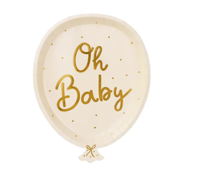 Prato de papel creme em forma de balão com texto dourado Oh Baby