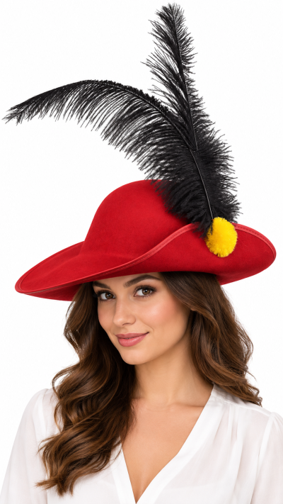 Chapéu vermelho com pena preta e pompom amarelo