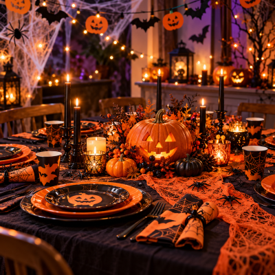 Mesa de jantar decorada para Halloween com pratos, copos, velas e abóboras iluminadas