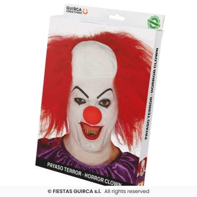 Máscara de palhaço de horror com cabelo vermelho e nariz vermelho na embalagem
