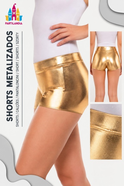 Shorts metálicos dourados em três ângulos diferentes com modelo com t-shirt branca