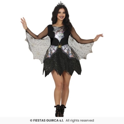 Vestido de fantasia preto com padrão de teia de aranha e coroa preta