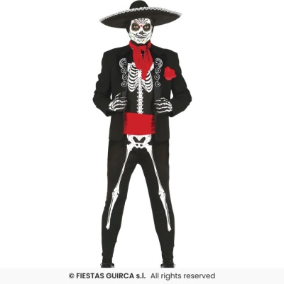 Figurino esqueleto mexicano preto e vermelho com máscara Catrina e chapéu preto detalhado