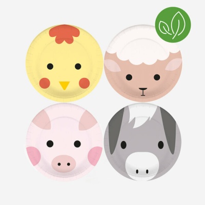 Conjunto de quatro pratos de papel com desenhos de rostos de animais, incluindo galinho, ovelha, porco e burro.