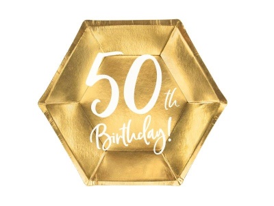 Prato descartável hexagonal dourado com texto 50 th Birthday!