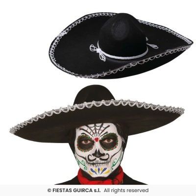 Sombrero preto com borda branca e pessoa com maquiagem de caveira mexicana