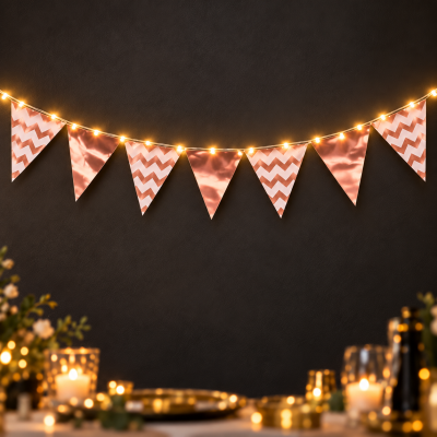 Guirlanda com bandeirolas triangulares e luzes decorativas suspensa