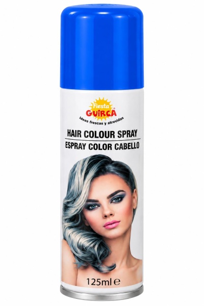 Spray para cor de cabelo com tampa azul e rótulo branco com imagem de mulher de cabelo cinza