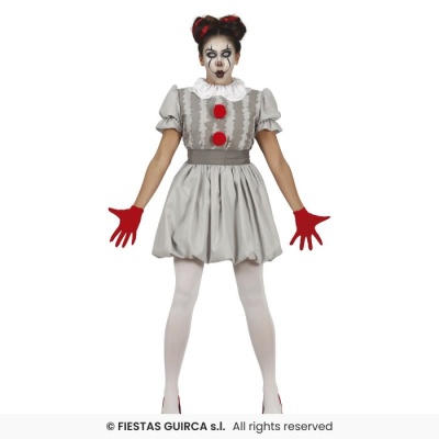 Fantasia de palhaço com vestido cinza, botão vermelho e luvas vermelhas