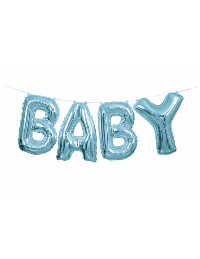 Balões metálicos azuis com a palavra BABY pendurados