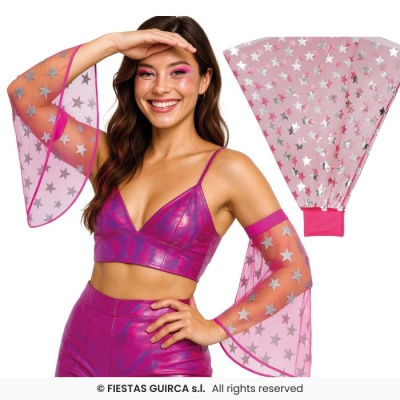 Conjunto fantasia rosa com top, saia e mangas transparentes com estrelas
