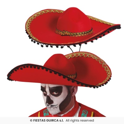 Chapéu mexicano vermelho com bordado dourado e pompons pretos