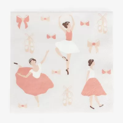 Guardanapo de papel com desenhos de bailarinas, laços e sapatilhas de ballet em tons rosa e branco
