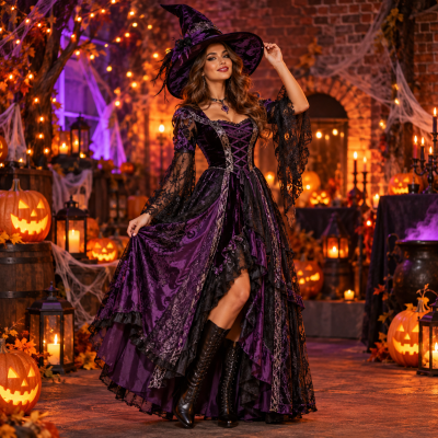 Mulher com vestido roxo de bruxa com renda preta e chapéu pontudo num cenário de Halloween com abóboras e velas.