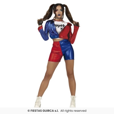 Fato de fantasia vermelha e azul com camisola branca Danger, luvas de rede e botas brancas