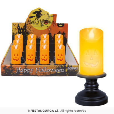 Velas LED de Halloween laranja com rosto de abóbora e suporte preto
