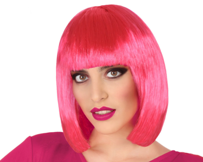 Peruca rosa choque lisa com corte bob e franja reta