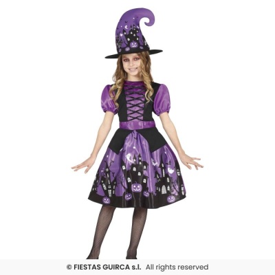 Fato de bruxa roxo com chapéu pontudo e padrão de Halloween