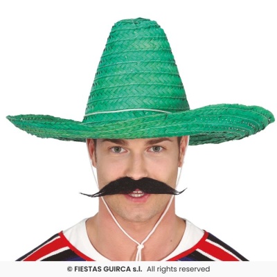 Pessoa com chapéu sombrero verde trançado e bigode falso preto