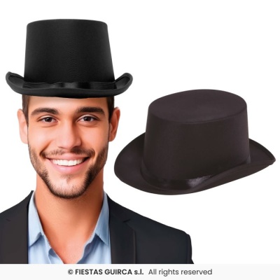Chapéu alto preto com fita de cetim e homem a usar chapéu