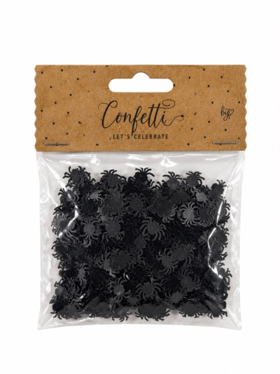 Pacote de confetti preto em forma de aranhas com embalagem de cartão castanho