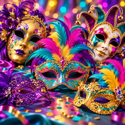 Máscaras de carnaval venezianas coloridas com penas e pedrarias sobre tecido brilhante