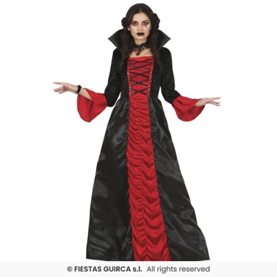 Vestido longo de fantasia preto e vermelho com gola alta e padrão franzido