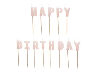 Velas cor-de-rosa em forma de letras formando HAPPY BIRTHDAY