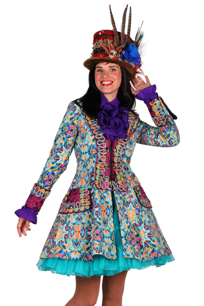 Casaco colorido feminino com cartola decorada e saia azul turquesa