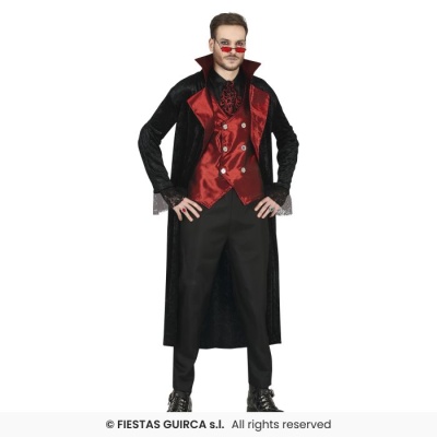 Homem com roupa de veludo preta e colete vermelho brilhante