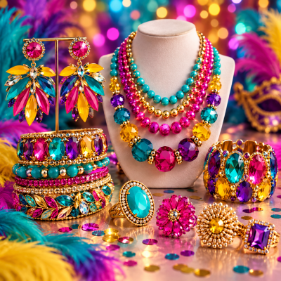 Conjunto de joias coloridas com colares, pulseiras, anéis e brincos em cores vivas sobre fundo festivo com penas e confetes