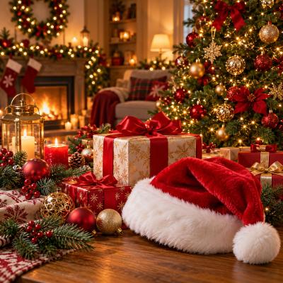 Decoração natalícia com árvore, presentes, chapéu de Pai Natal e velas num ambiente acolhedor