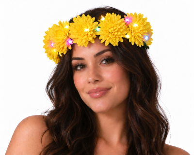 grinalda de flores amarelas com luzes coloridas na cabeça de mulher