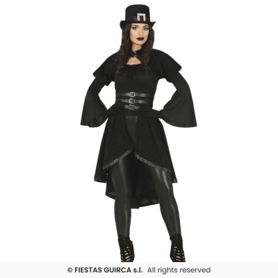 Fantasia feminina preta com chapéu, colete de cintos, blusa de mangas largas e leggings pretas